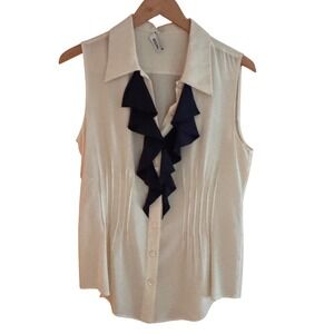 Moschino Semi-Sheer Silk Sleeveless Blouse Ivory Cream Navy Ruffle Pintuck Top S